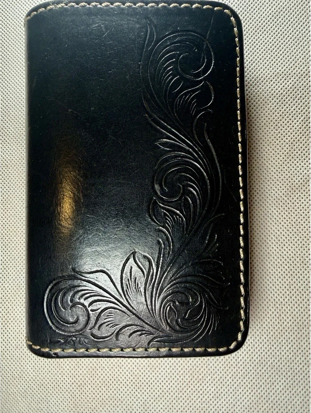 FUNNY Japan Vintage Hand Carved Black Leather Mid Wallet Western Tooled Biker